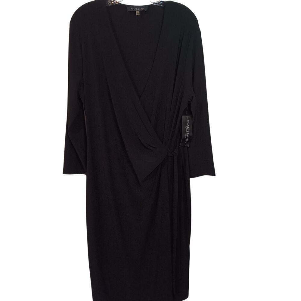 NWT Black Label by Evan-Picone Black Faux Wrap V-Neck 3/4 Sleeve Dress Size 16
